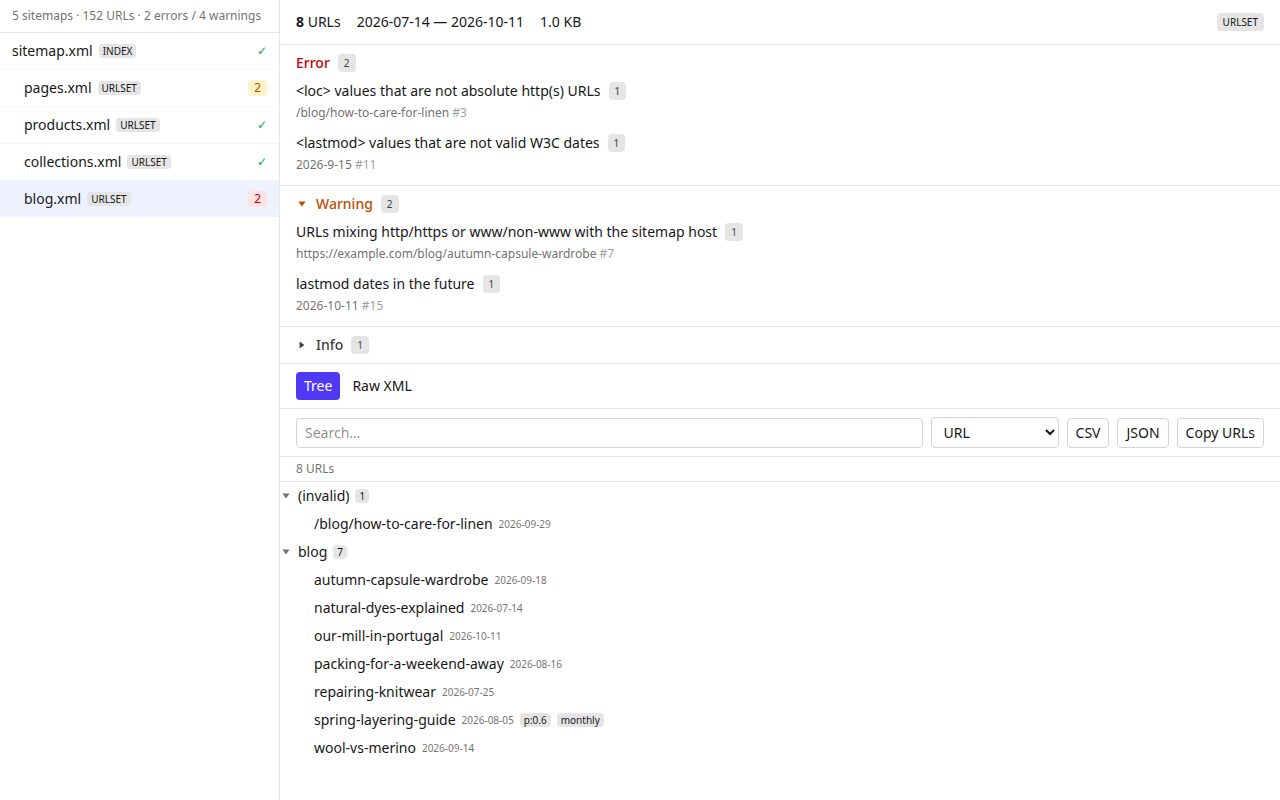 The viewer’s findings panel with errors and warnings grouped by severity