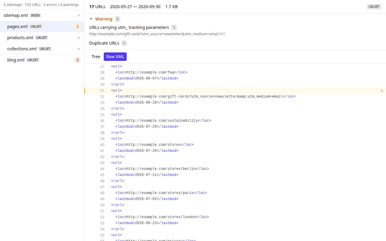 The viewer’s raw XML mode with line numbers and syntax highlighting
